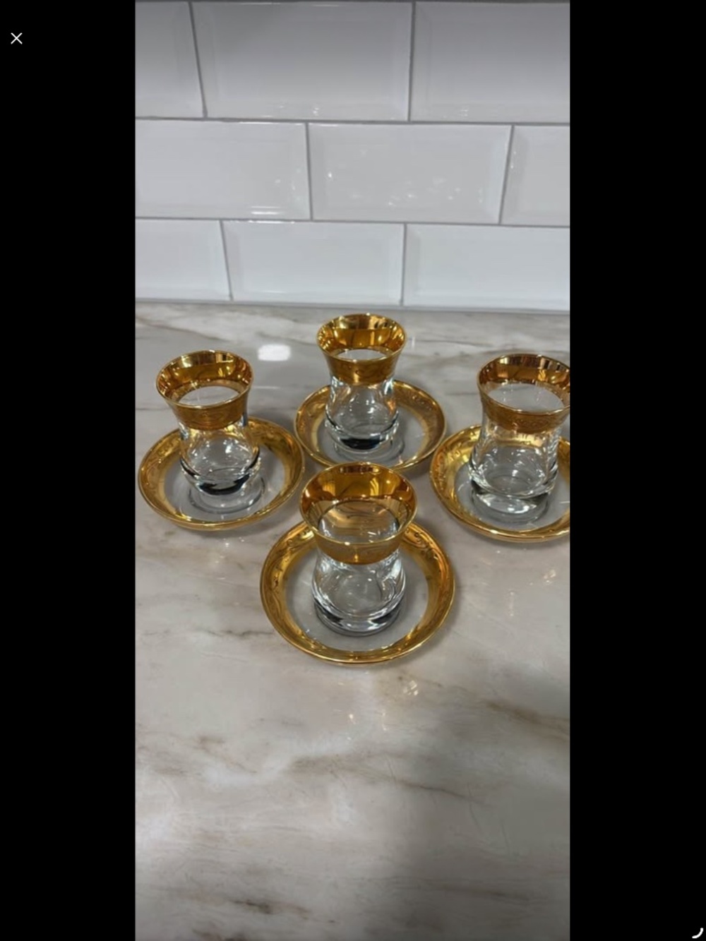 Turkish Pasabahce Gold rim glass tea cup and saucer